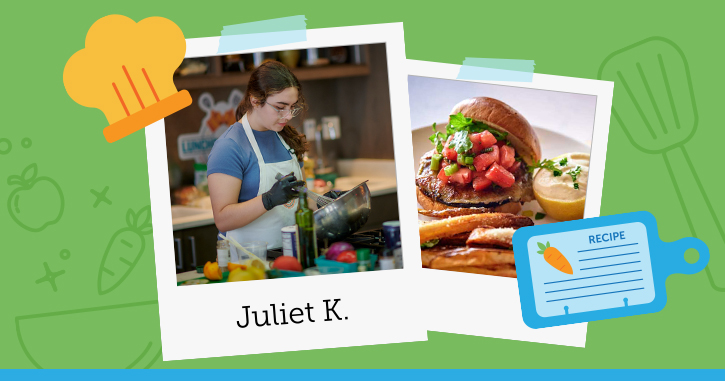 Juliet K cooking next to an image of her award winning portabella mushroom burger