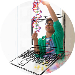 Artistic photo of a student holding a strand of DNA to highlight learning online.